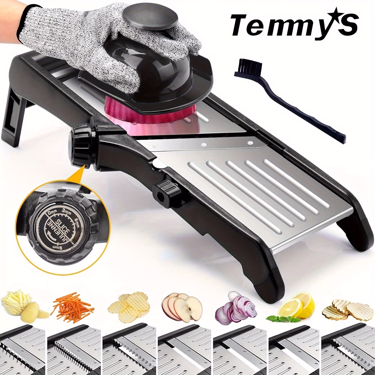 TEMMYS Adjustable Mandoline Slicer with Julienne & Waffle Fries Plates – Stainless Steel Manual Vegetable Slicer for Potatoes, Cucumbers, Tomatoes, Onions