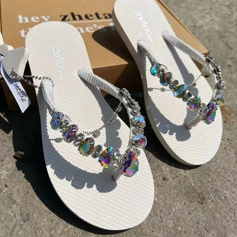 Color: WHITE, Shoe Size: 38 - Outdoor Leisure Flip Flops Women 2024 Summer Fashion Lady Beach Shoes Luxurious Rhinestone Embellished Women's Flat Slippers