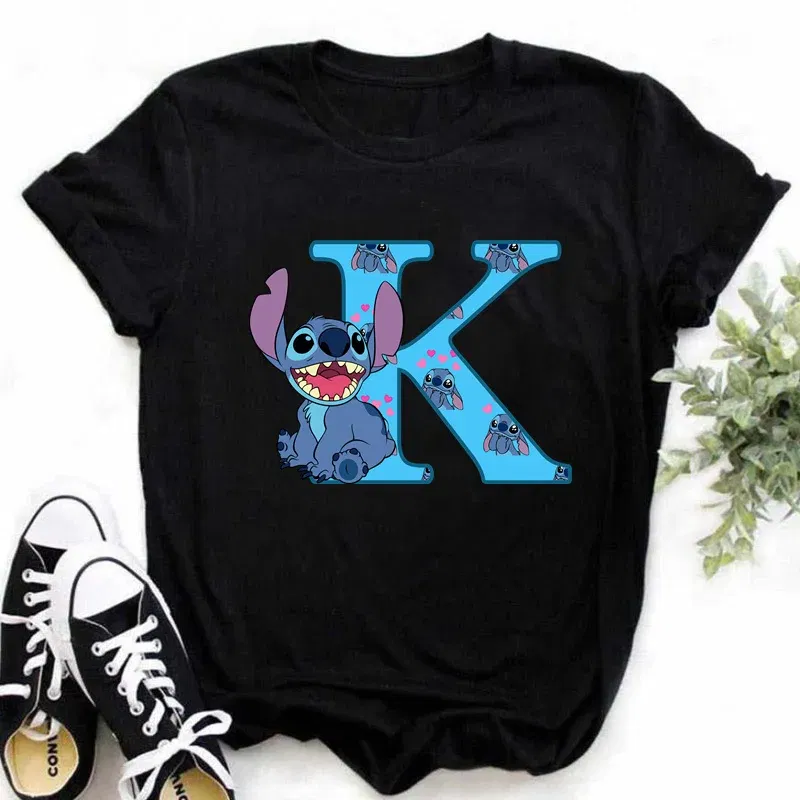 Color: Orange, Size: XL - Disney Lilo&Stitch A-Z Alphabet Summer Women's Printed T-Shirt Women's Casual Tops T-Shirt Fashion Cartoon Plus Size T-Shirt