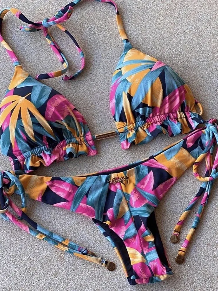 Color: Beige, Size: L - RUOTONGSEPT Sexy Micro Bikinis Set 2022 New Swimsuit Women Feather Print Bandage Swimwear Female Bathing Suit Brazilian Biquinis