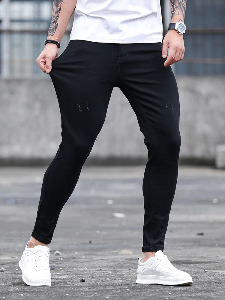 Color: black, Size: L - Fashion Men's Street Ripped Jeans Pure Black Stretch Tight Small Foot Pencil Pants Boyfriend Club Clothing Denim Ropa Hombre