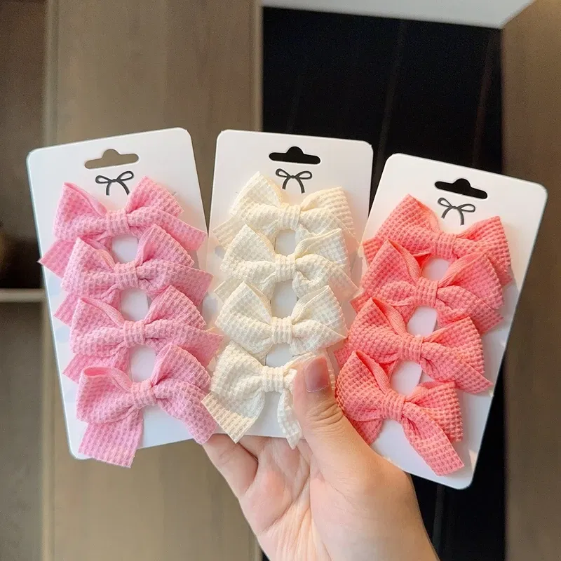 Color: ROSE RED - 4PCS Soft Cotton Bow Hairpin Girl Sweet Plaid Design Hairpin Color Block Delicate Hairgripe Barrettes Kawaii Child Accessories
