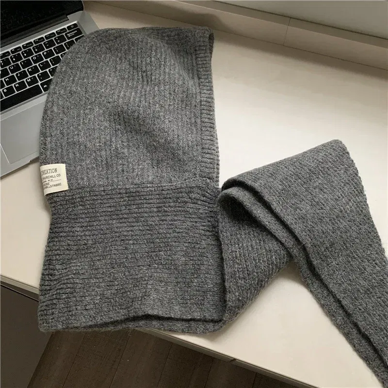 Color: Beige - Multicolor Balaclava women's autumn and winter warm wool hat scarf integrated hooded scarf knitted hat trendy