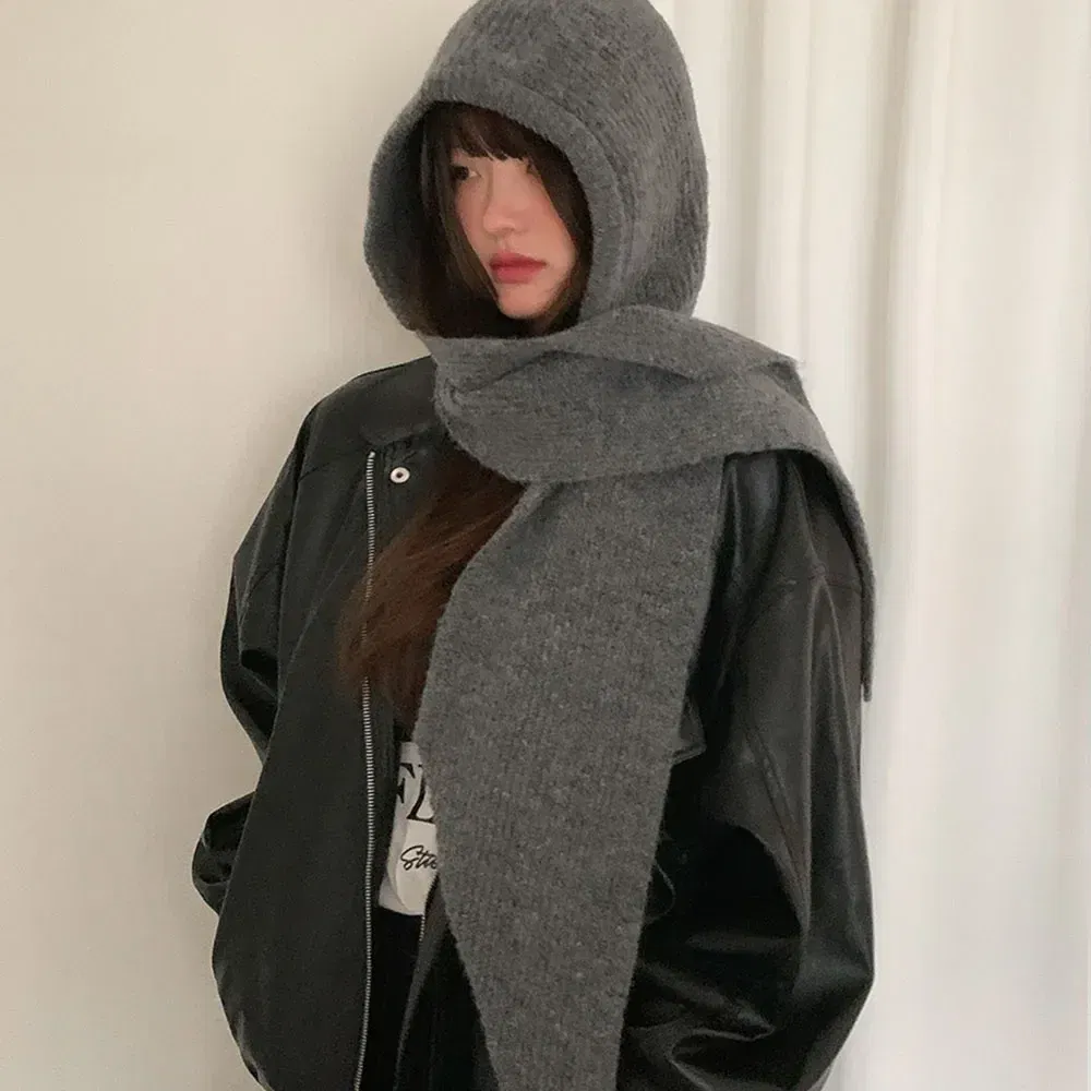 Color: Beige - Multicolor Balaclava women's autumn and winter warm wool hat scarf integrated hooded scarf knitted hat trendy