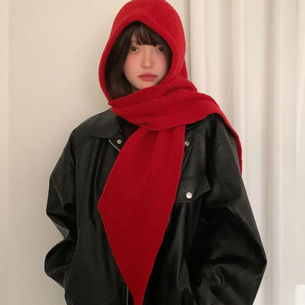 Color: Beige - Multicolor Balaclava women's autumn and winter warm wool hat scarf integrated hooded scarf knitted hat trendy