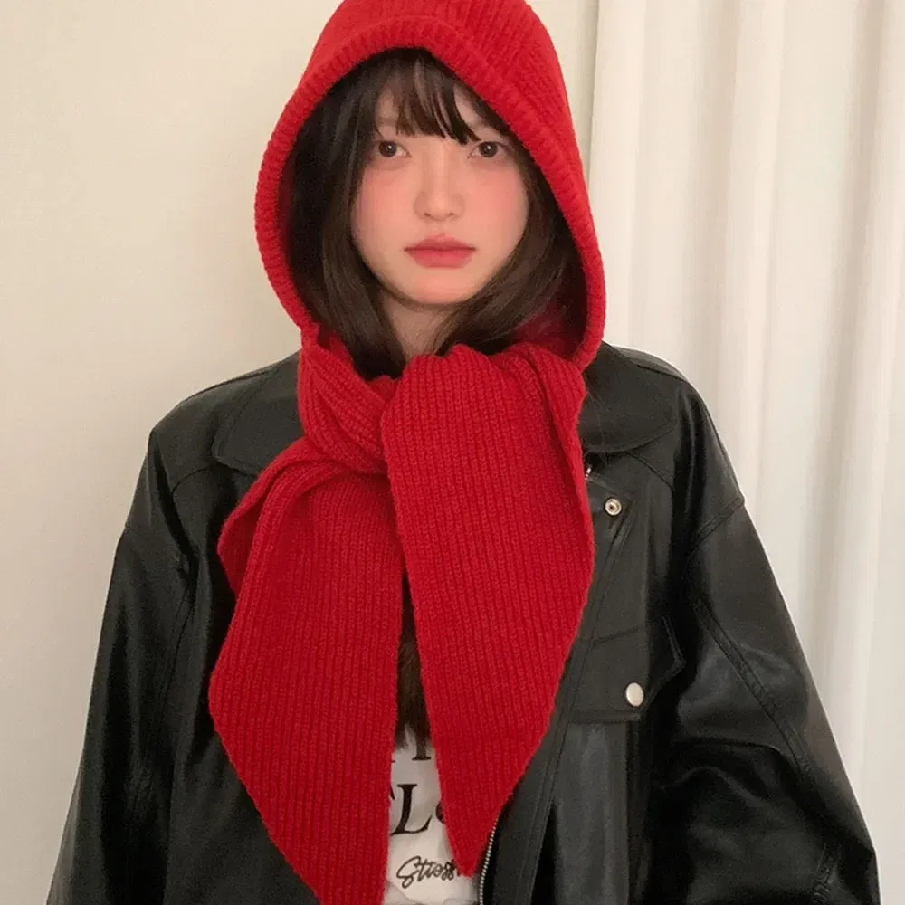 Color: Beige - Multicolor Balaclava women's autumn and winter warm wool hat scarf integrated hooded scarf knitted hat trendy