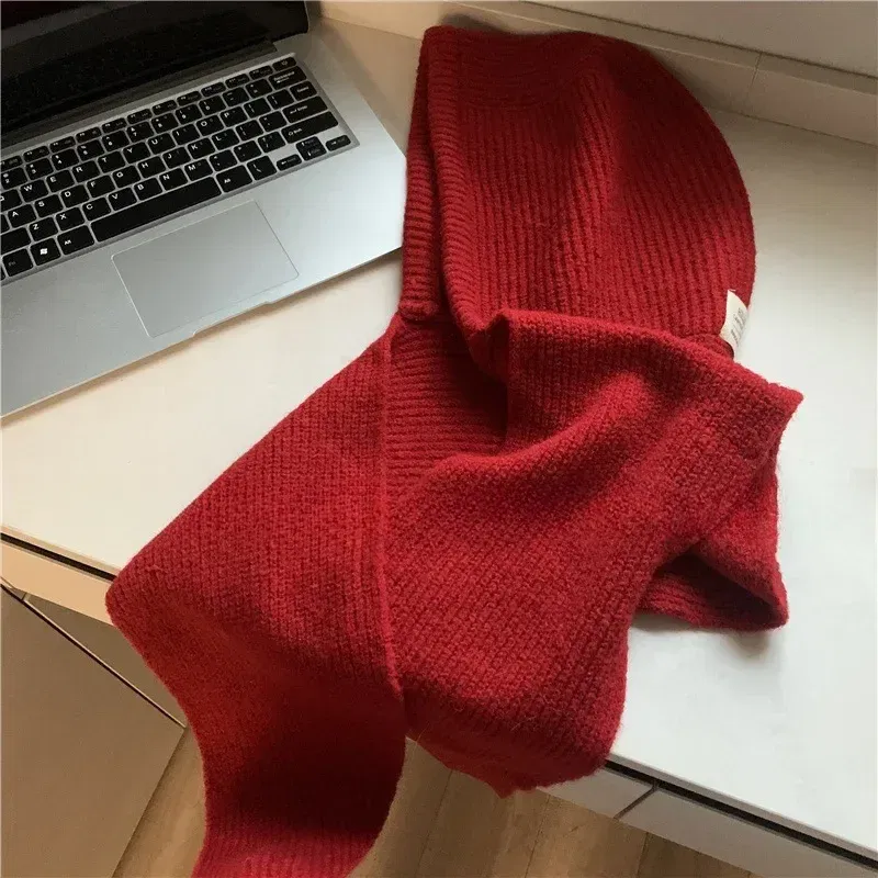 Color: Beige - Multicolor Balaclava women's autumn and winter warm wool hat scarf integrated hooded scarf knitted hat trendy