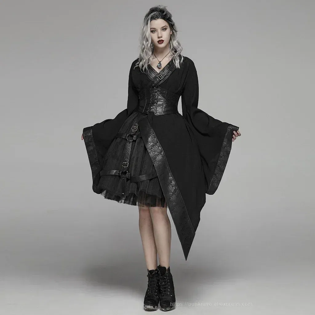 PUNK RAVE Women's Dark Punk Japanese Kimono Asymmetric Adjustable Party Club Stage Performance Irregular Personality Dress