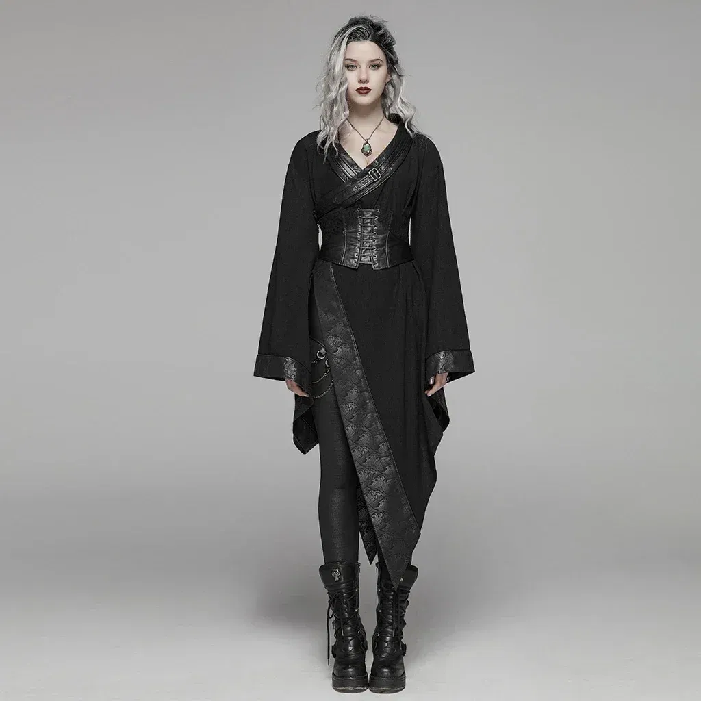 PUNK RAVE Women's Dark Punk Japanese Kimono Asymmetric Adjustable Party Club Stage Performance Irregular Personality Dress