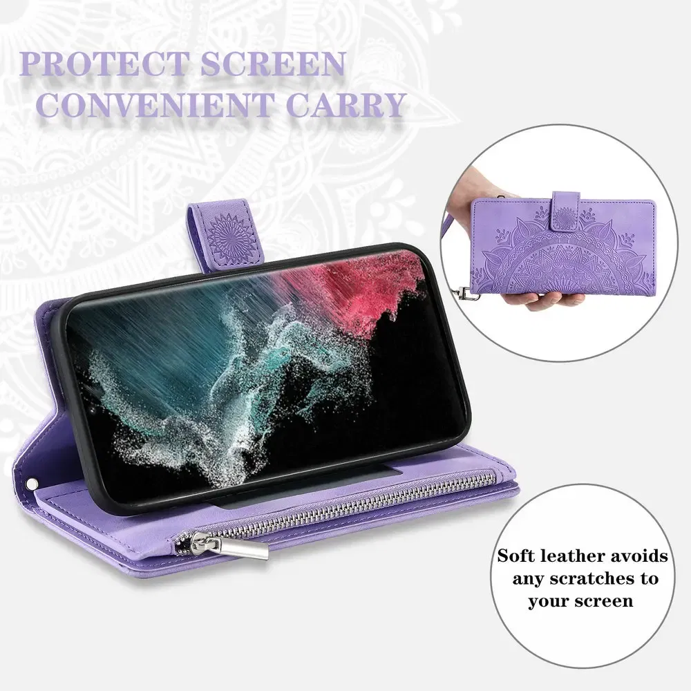 Color: PURPLE, Material: Microfiber - S 23 S24 Ultra 5G Leather Case for Samsung Galaxy S23 Ultra Flip Cover Zipper CrossBody Book Funda S 24 Plus S23 FE Wallet Etui