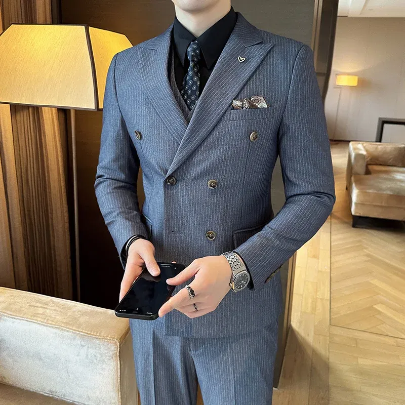 Color: SKY BLUE, Size: M - 2025 Men's Double Breasted 3/2 Piece Business Casual Wedding Dress Suit with  Trousers Regular Fit Bridegroom High Sense