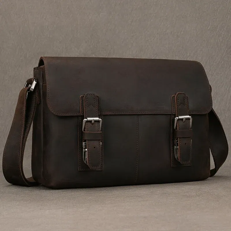 Color: black - Top Layer Cowhide Crazy Horse Leather 9.7 "iPad Leather Shoulder Bag Crossbody Handbag For Men Male Messenger Bag