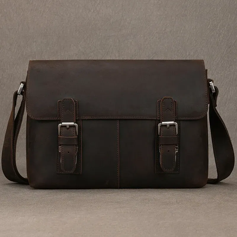 Color: black - Top Layer Cowhide Crazy Horse Leather 9.7 "iPad Leather Shoulder Bag Crossbody Handbag For Men Male Messenger Bag