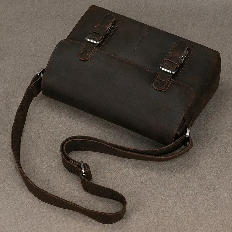 Color: black - Top Layer Cowhide Crazy Horse Leather 9.7 "iPad Leather Shoulder Bag Crossbody Handbag For Men Male Messenger Bag