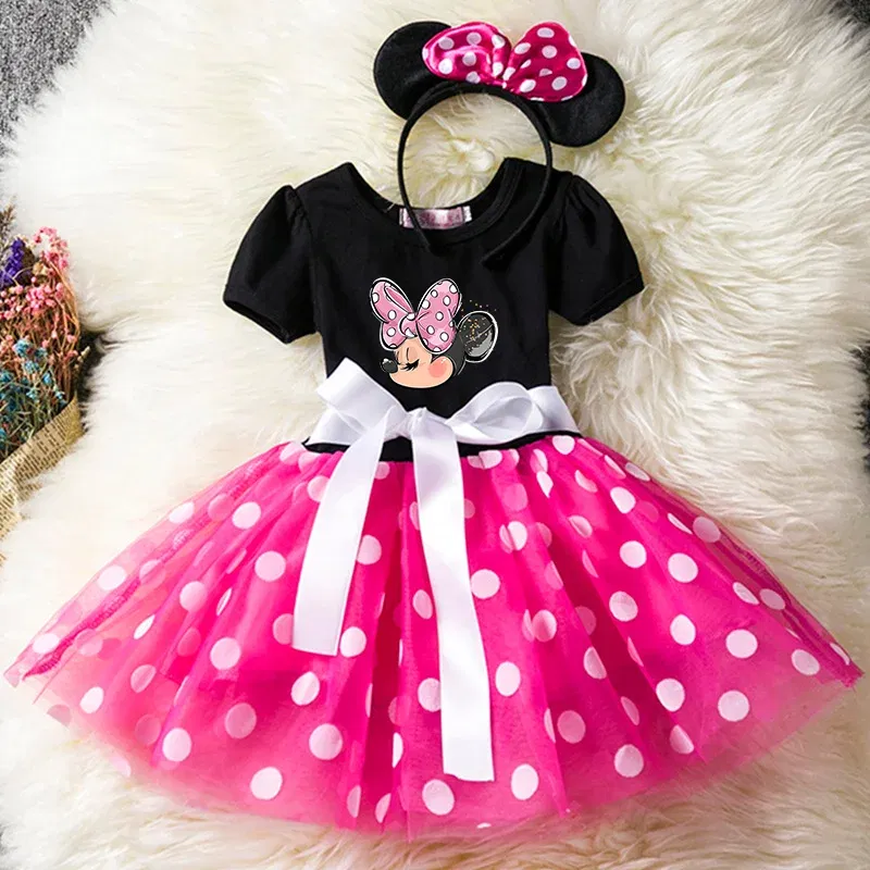 Color: Brown, Size: XS - Cartoon Mickey Minnie Mouse Kids Short Sleeve Polka Dot Princess Dress 1-6Y Party Baby Girls Clothes Cosplay Costumes