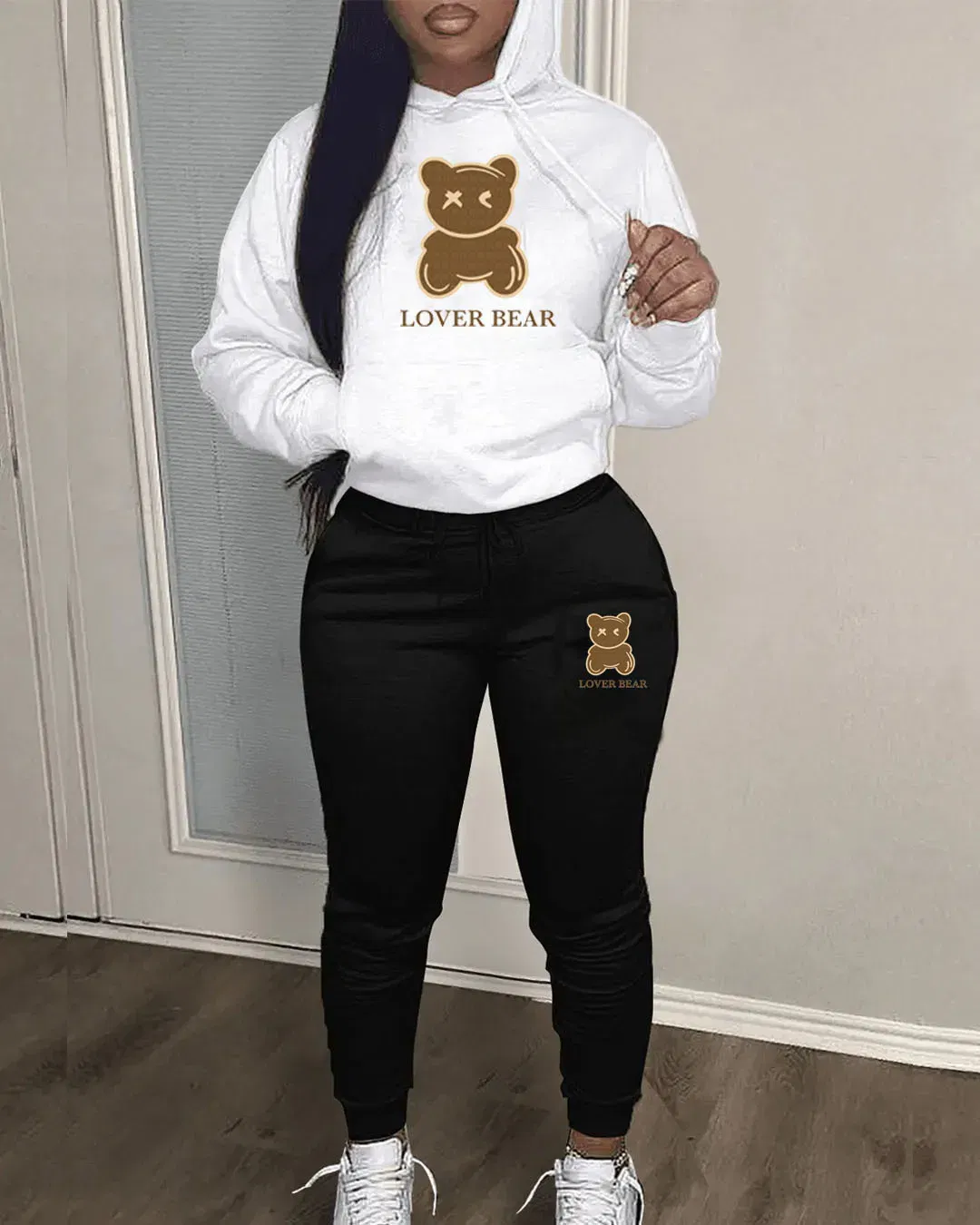 Color: Beige, Size: L - 2 Piece Set Women Outfit Letter Bear Print Hooded Neck Hoodies Sweatshirt Pants Tracksuit 2024 Plus Size Streetwear Casual Suit
