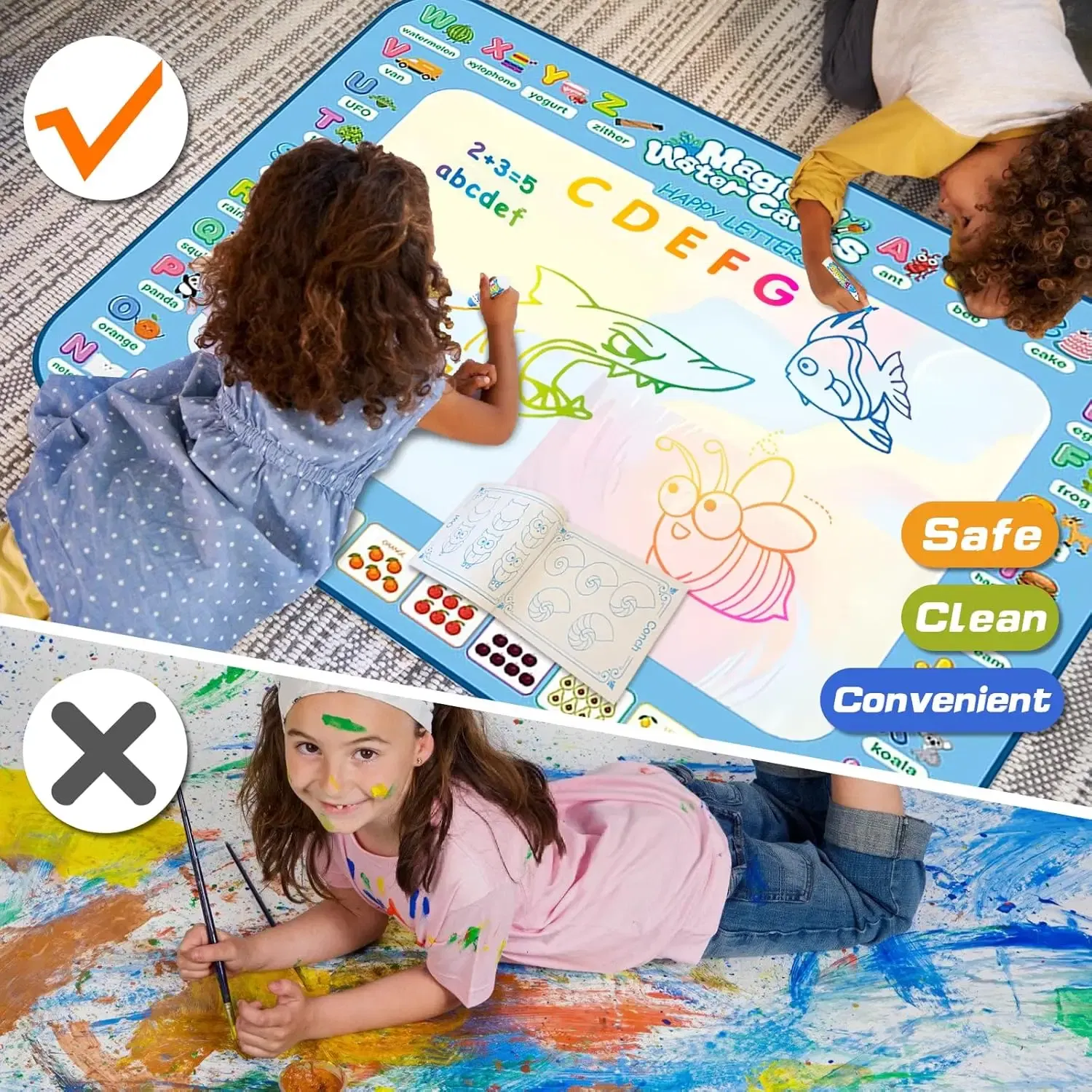 Color: Silver - Magic Water Drawing Mat Coloring Doodle Mat with Reusable Magic Pens Montessori Toys Painting Board Educational Toys for Kids