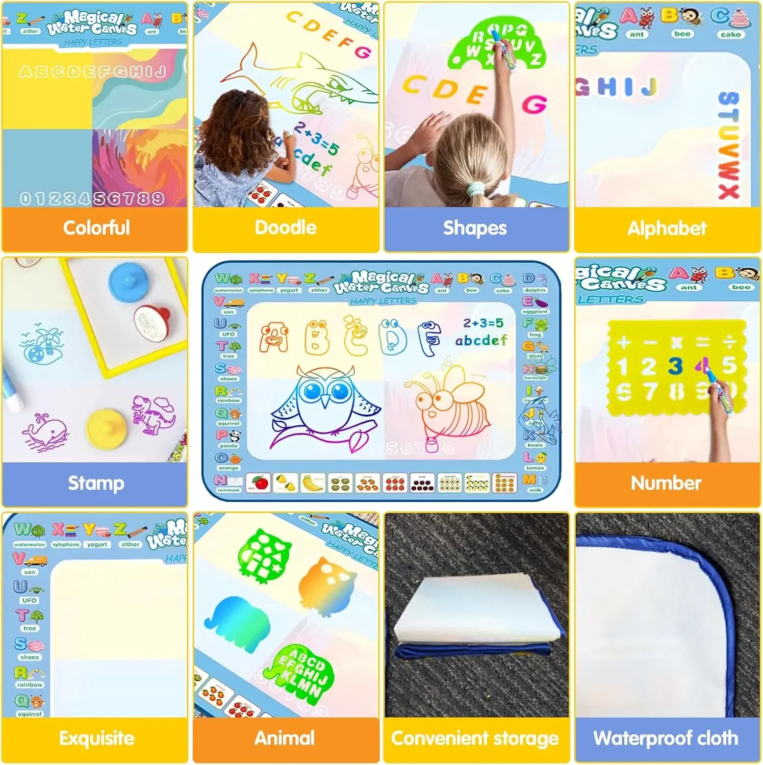 Color: Blue - Magic Water Drawing Mat Coloring Doodle Mat with Reusable Magic Pens Montessori Toys Painting Board Educational Toys for Kids