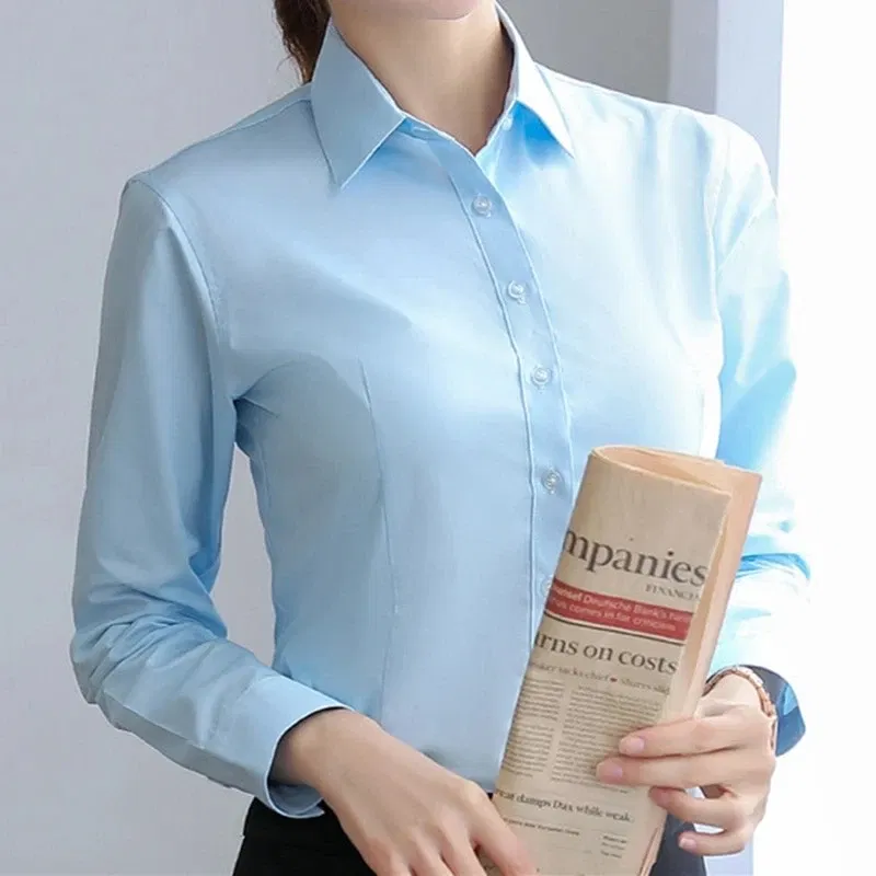 Color: WHITE, Size: XL - Elegant Women Shirts Woman White Shirt Long Sleeve Blouse Office Lady business Pink Shirts Button Solid Women work Blouses Tops