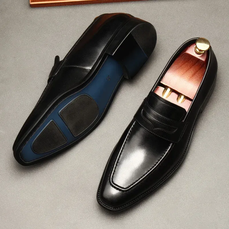 Color: black, Shoe Size: 9.5 - Large Size EUR37-46 Black / Brown Loafers Mens Business Dress Shoes Genuine Leather Prom Party Shoes