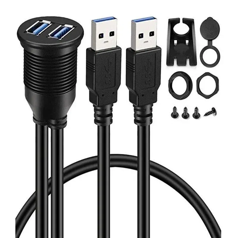 Cable length: 3m, Color: black - Dual USB 3.0 Male To USB 3.0 Female Extension Cable with Flush Mount Panel for Car Truck Boat Motorcycle