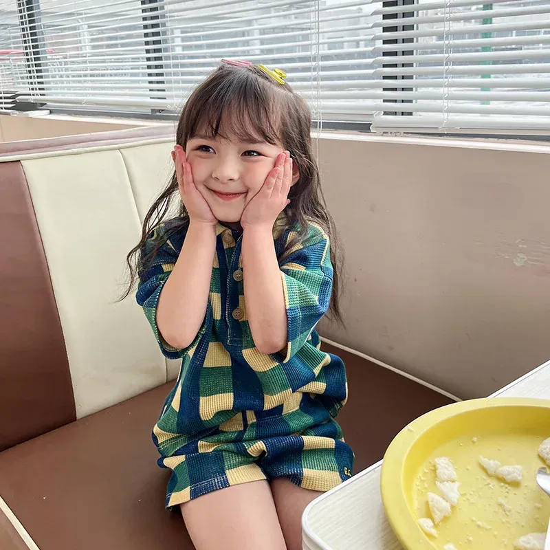 Color: Green, Kid Size: 10T - 2024 INS Children's T-shirt Summer Girls Korean Style Sweet and Cute Dress Polo Top Waffle Set Clothing
