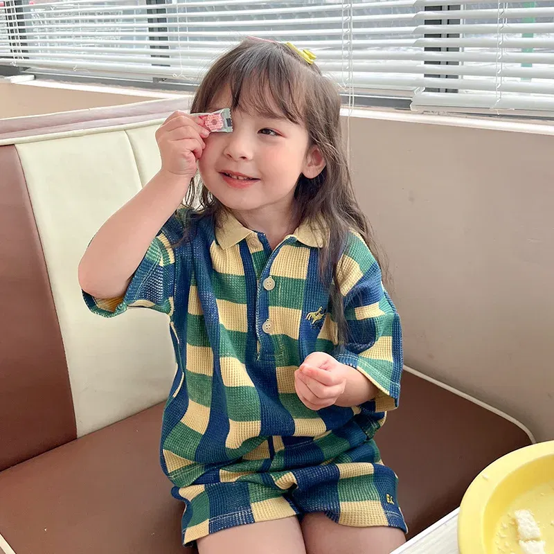 Color: Green, Kid Size: 10T - 2024 INS Children's T-shirt Summer Girls Korean Style Sweet and Cute Dress Polo Top Waffle Set Clothing