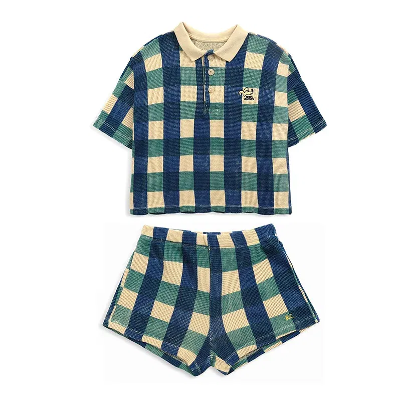 Color: Green, Kid Size: 10T - 2024 INS Children's T-shirt Summer Girls Korean Style Sweet and Cute Dress Polo Top Waffle Set Clothing