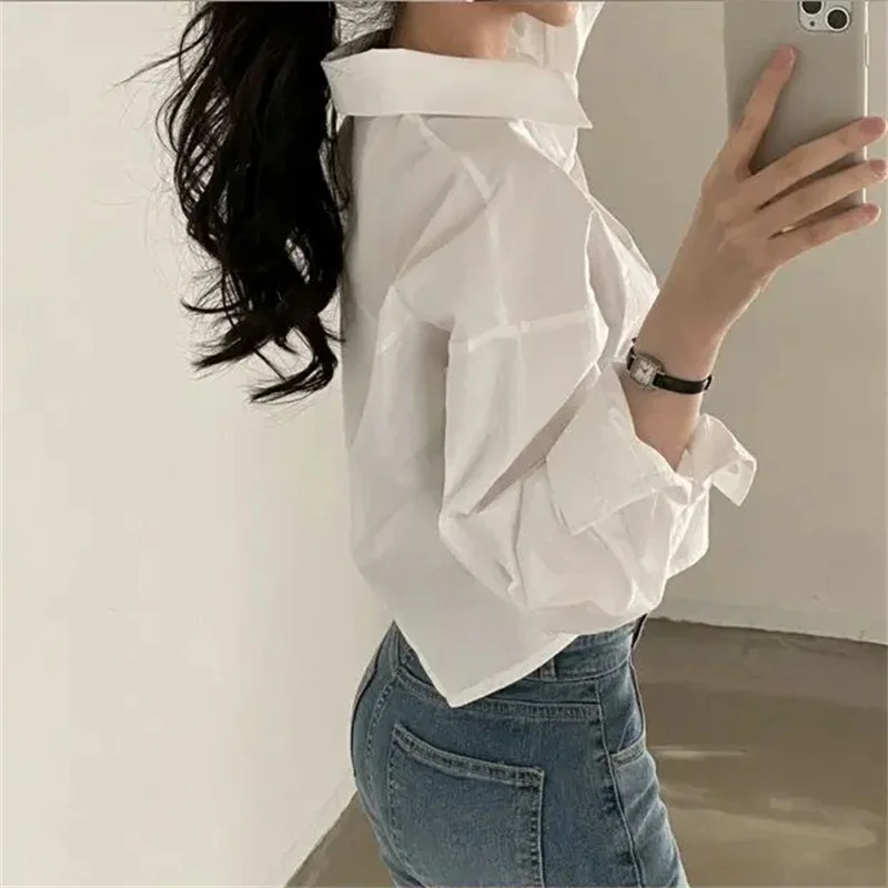 Color: WHITE, Size: XL - Spring New Casual Long Sleeve Women White Shirt Korea Style Solid Button Split Woman Crop Tops Blouse Party Clothing