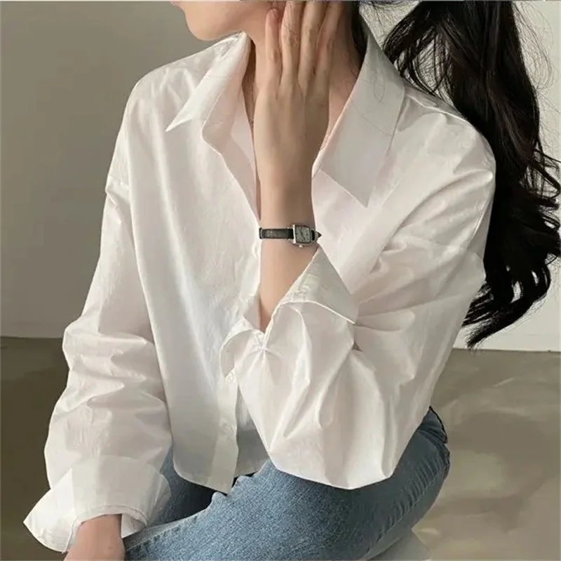Color: WHITE, Size: XL - Spring New Casual Long Sleeve Women White Shirt Korea Style Solid Button Split Woman Crop Tops Blouse Party Clothing