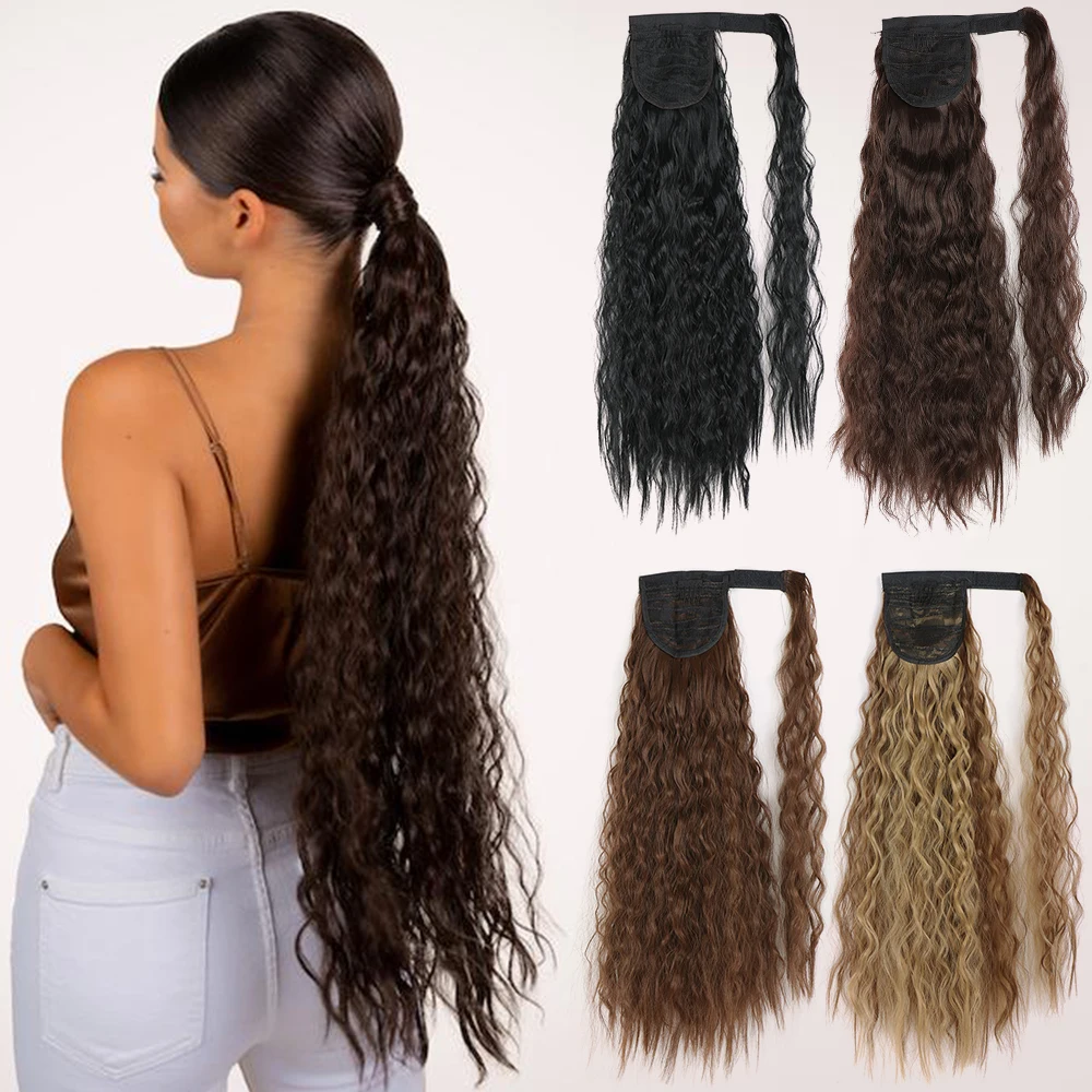 Color: P2/613, Stretched Length: 22inches - Synthetic Long Corn Wavy Ponytail Hairpiece Wrap on Hair Clip Ombre Brown Blonde Hair Extensions Pony Tail