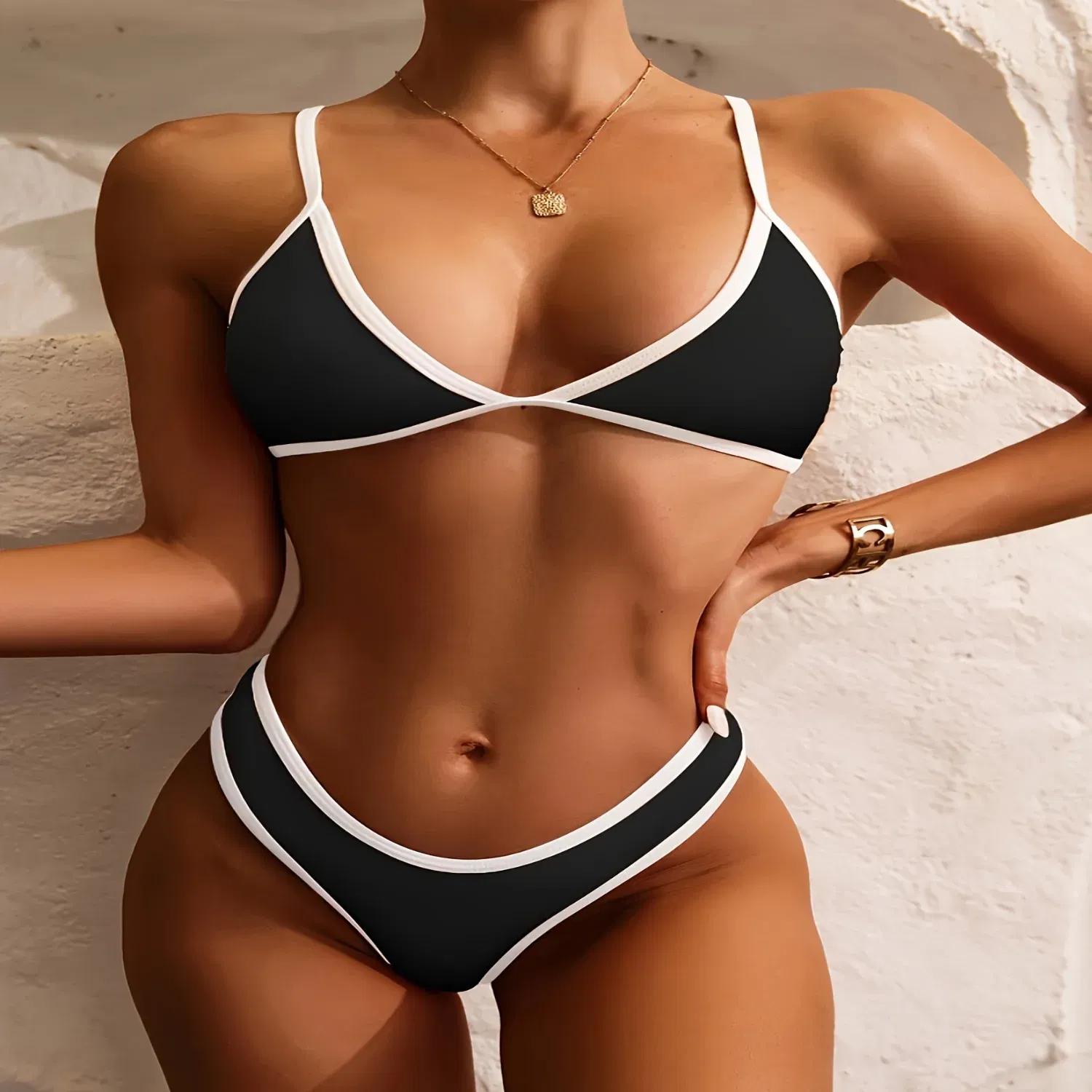 Color: black, Specification: 32mm, Ships From: CHINA - 2024 New Fashionable Solid Color Contrast Split Bikini Set - Medium Stretch Polyester Knit Fabric Swimsuit with Comfortable Fit