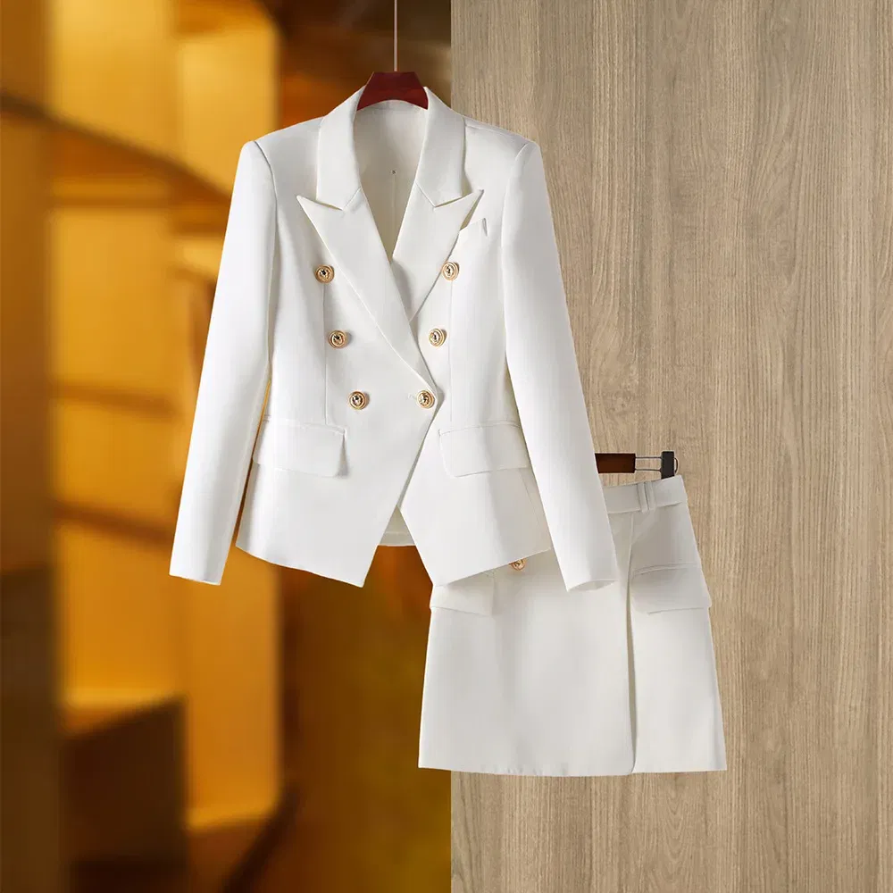 Color: WHITE, Size: M, Ships From: CN - New Arrival Elegant Style Lady Office Work Suit Double-breasted Long Sleeve Fitted Blazer A-line Pencil Mini Skirt Women 2Pcs