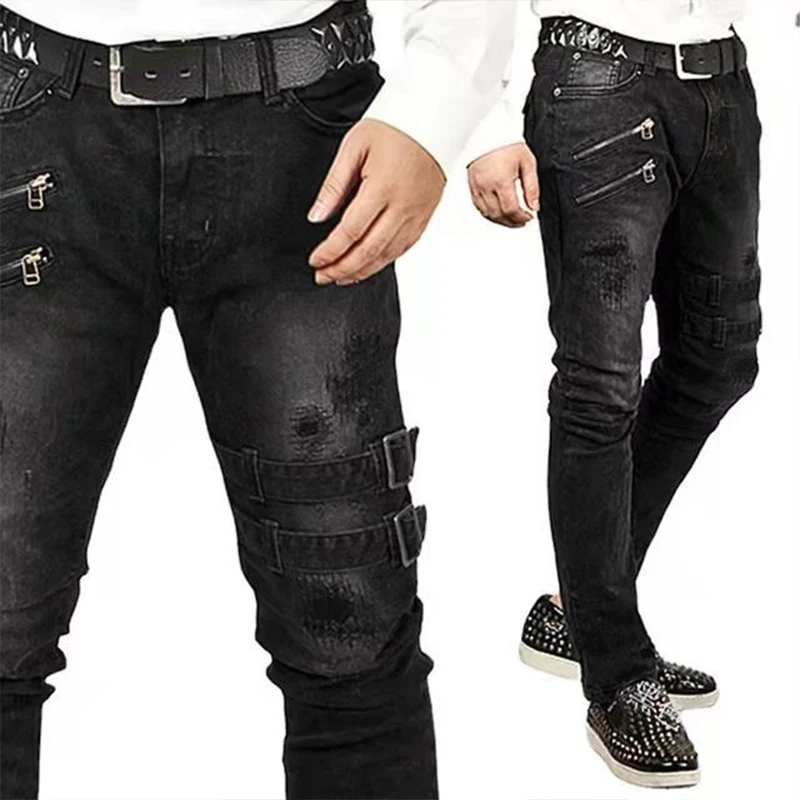 Color: Khaki, Size: M, Ships From: CHINA - Men's Punk Hip Hop Black Fashion Jeans Spring summer New Rock Motorcycle Street Wear Tight Casual Denim pants Straight leg pants