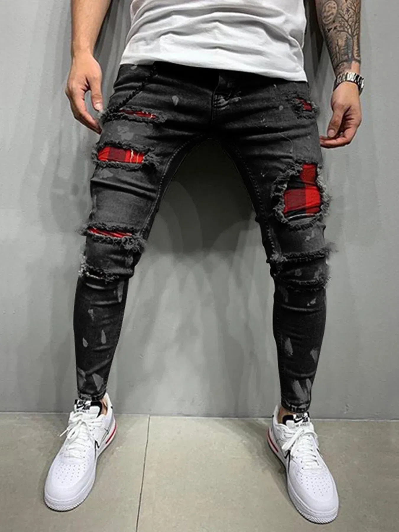 Color: Khaki, Size: M, Ships From: CHINA - Men's Punk Hip Hop Black Fashion Jeans Spring summer New Rock Motorcycle Street Wear Tight Casual Denim pants Straight leg pants