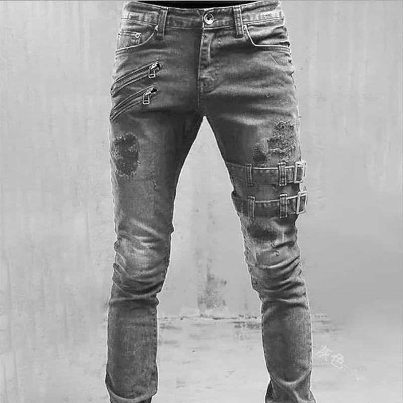 Color: Khaki, Size: M, Ships From: CHINA - Men's Punk Hip Hop Black Fashion Jeans Spring summer New Rock Motorcycle Street Wear Tight Casual Denim pants Straight leg pants