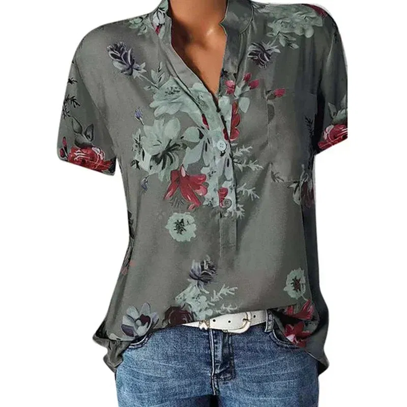 Color: Red, Size: L - Temperament new women's shirt printing large size casual shirt loose V-neck short-sleeved shirt blouse
