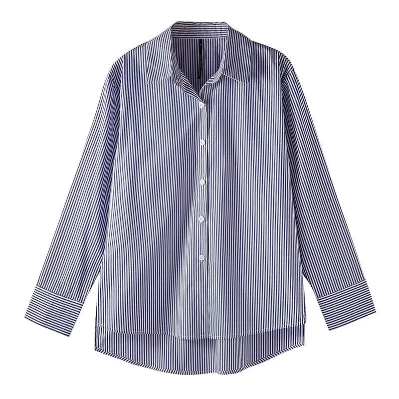Color: Blue, Size: XL - Classic Striped Woman Spring Autumn Blouses Shirt Lady Long Lantern Sleeve Stand Collar Loose Blusas Tops