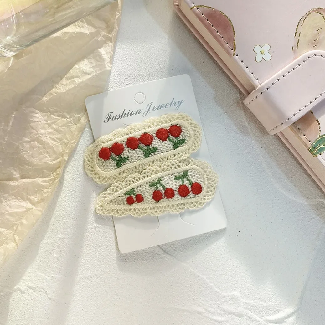 Color: Yellow - 2Pcs Sweet Girl Embroidery Hairpin Lace Side Clip Cute Kids Hair Ornament Pastoral Style Fruit Pattern Headwear