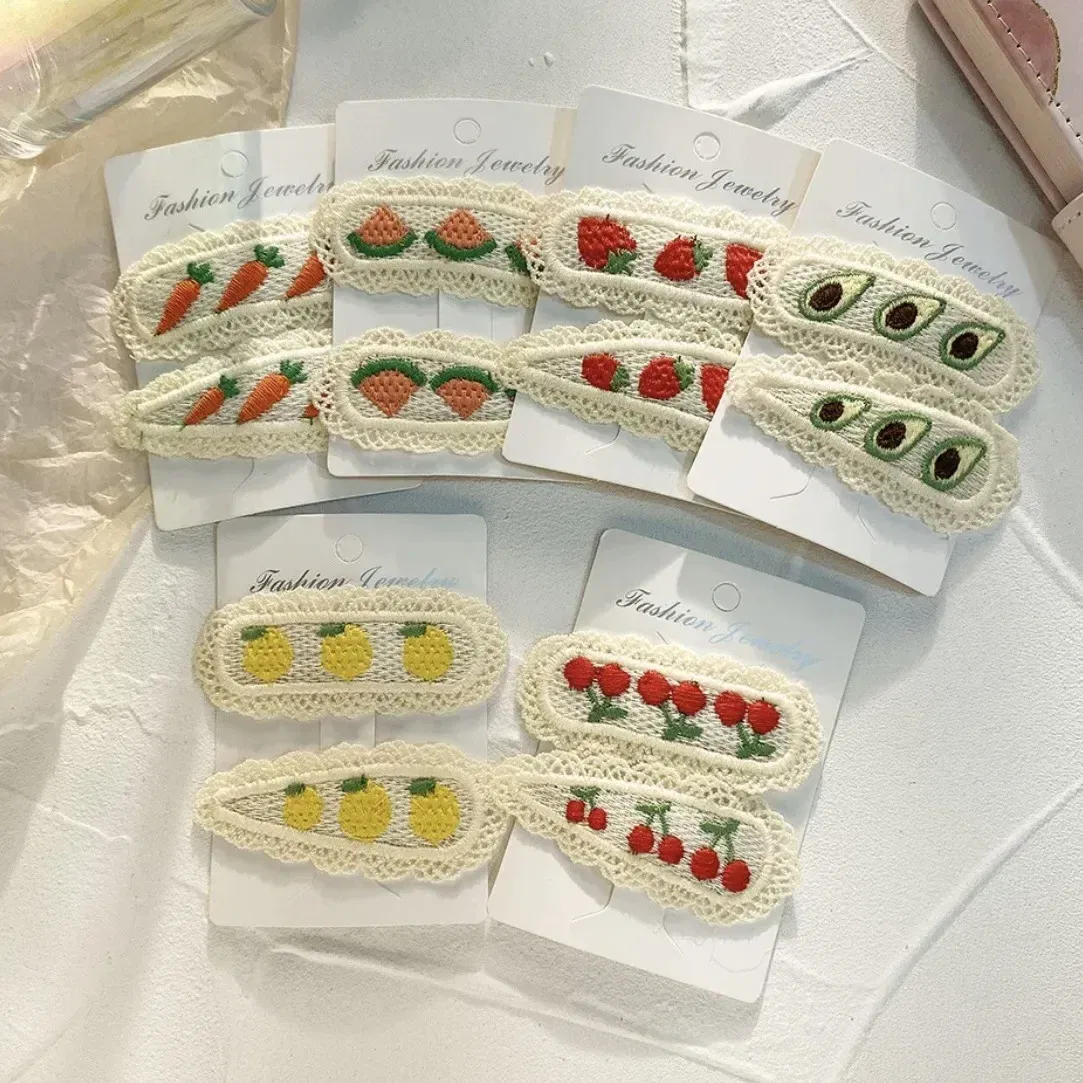 Color: Yellow - 2Pcs Sweet Girl Embroidery Hairpin Lace Side Clip Cute Kids Hair Ornament Pastoral Style Fruit Pattern Headwear