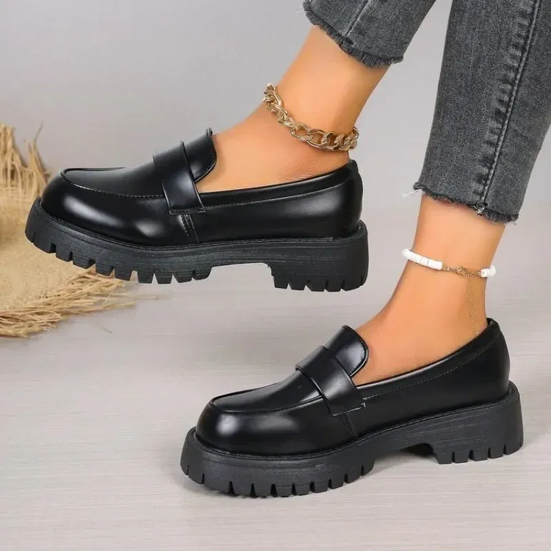 Color: black, Shoe Size: 38 - British Style Platform Loafers Women 2025 Plus Size Round Toe Single Shoes Woman Thick Bottom Pu Leather Shoes Mujer