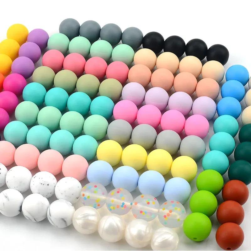 Color: Light Pink, Item Diameter: 12mm - LOFCA 100Pcs/lot 12MM Round Shape Silicone Teething Beads Baby Teether For DIY Nursing Necklace Food Grade Chew Beads