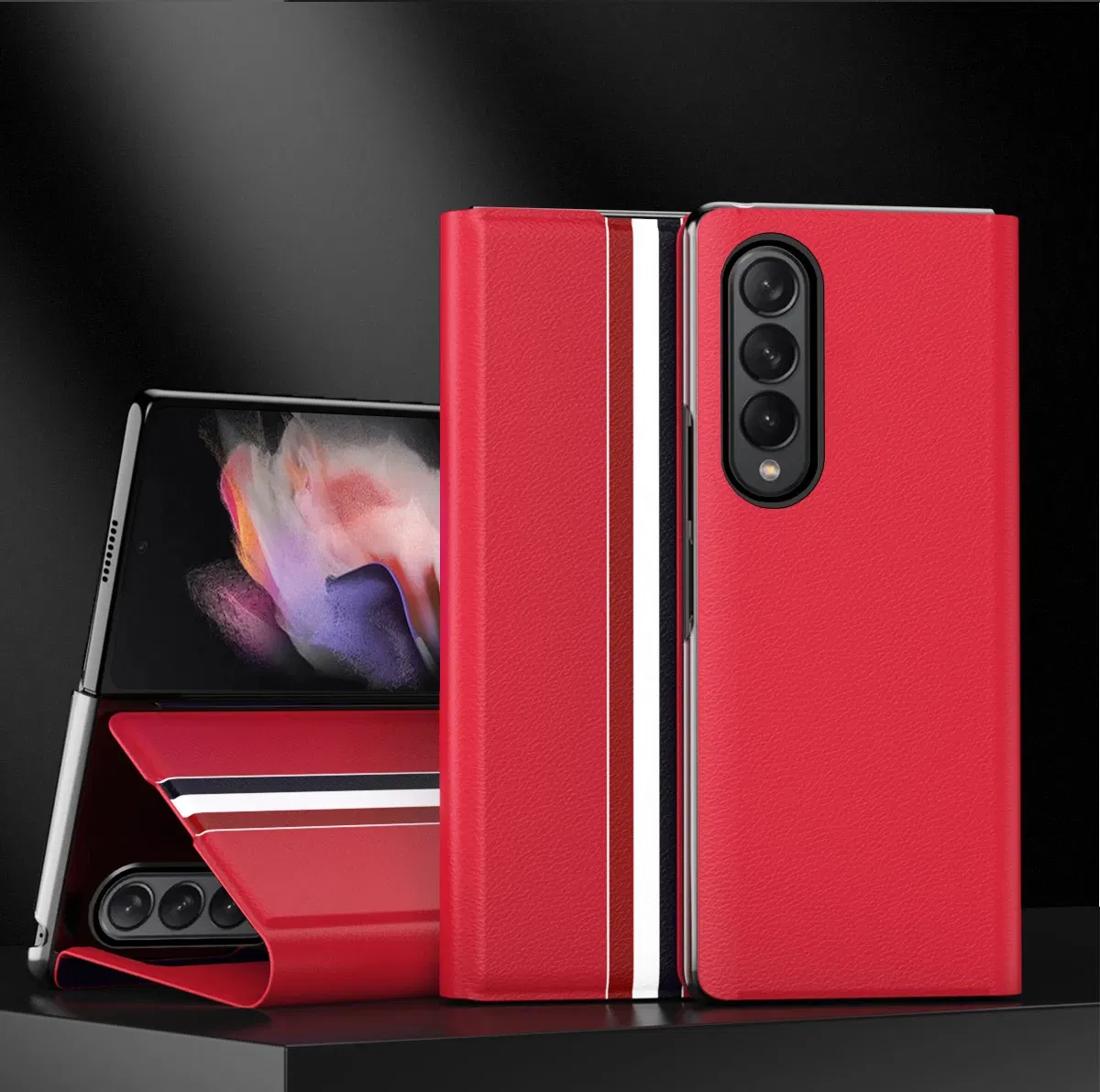 Color: Red, Material: CANVAS - Leather Wallet Function Case for Samsung Galaxy Z Fold 6 5 3 2 fold6 fold5 Fold4 Fold 4 5G Fold3 Fold2 Full Protection Bag Cover
