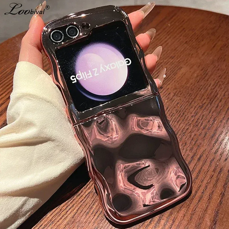 Color: black, Material: aluminum - Cartoon Stone Pattern Gloss Wave Case for Samsung Galaxy Z Flip 6 5 flip6 Plating Meteorite Soft TPU Shockproof Ins Korean Cover