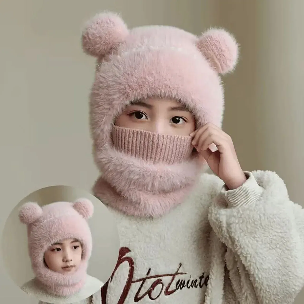 Color: WHITE, Size: XXL - Kids Plush Scarf Pullover Cap Winter Warm Ear Protection Hat 2-10Year Children One-Piece Beanie Baby Velvet Neckerchief Headgear