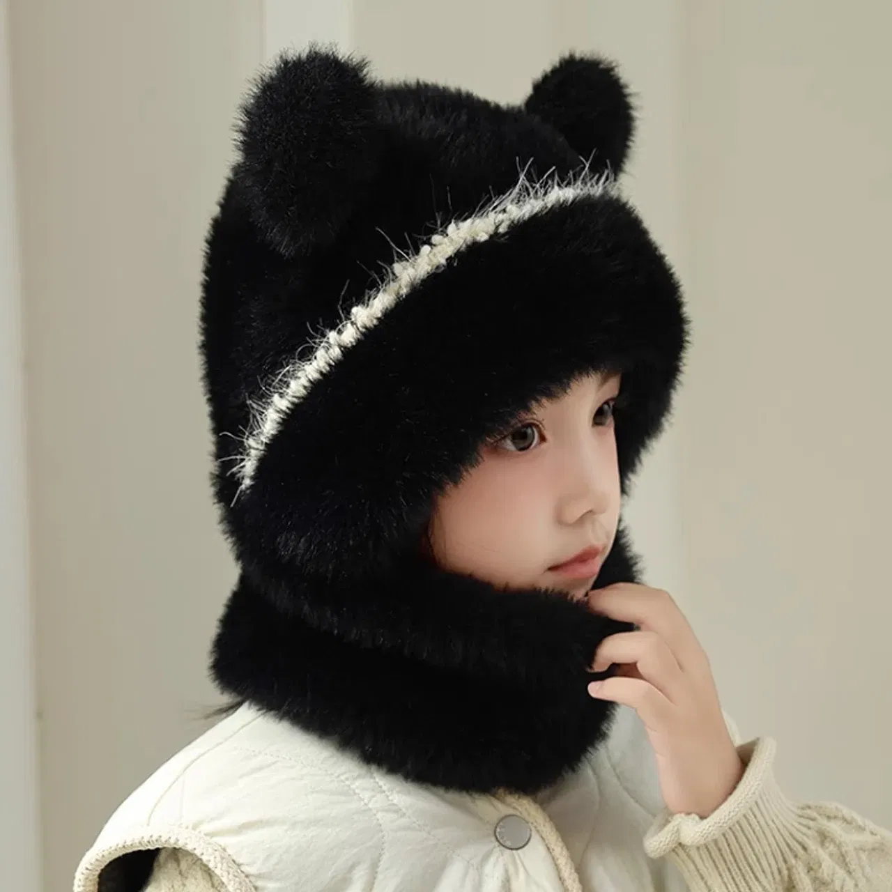 Color: WHITE, Size: XXL - Kids Plush Scarf Pullover Cap Winter Warm Ear Protection Hat 2-10Year Children One-Piece Beanie Baby Velvet Neckerchief Headgear