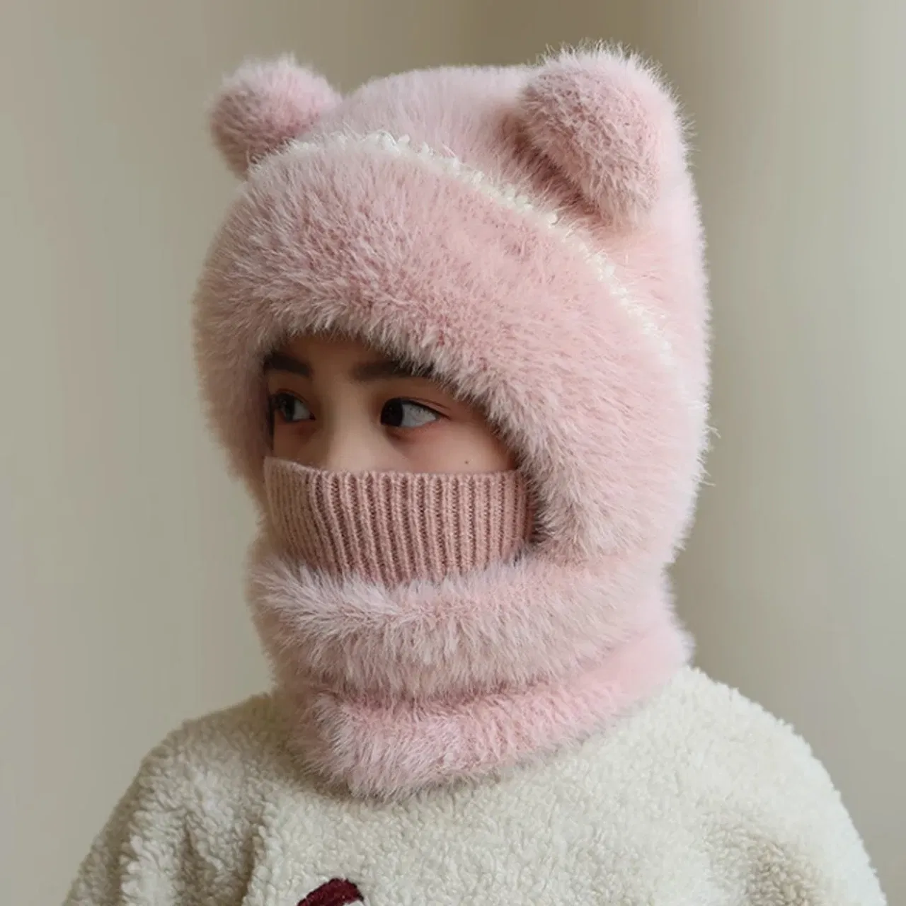 Color: WHITE, Size: XXL - Kids Plush Scarf Pullover Cap Winter Warm Ear Protection Hat 2-10Year Children One-Piece Beanie Baby Velvet Neckerchief Headgear