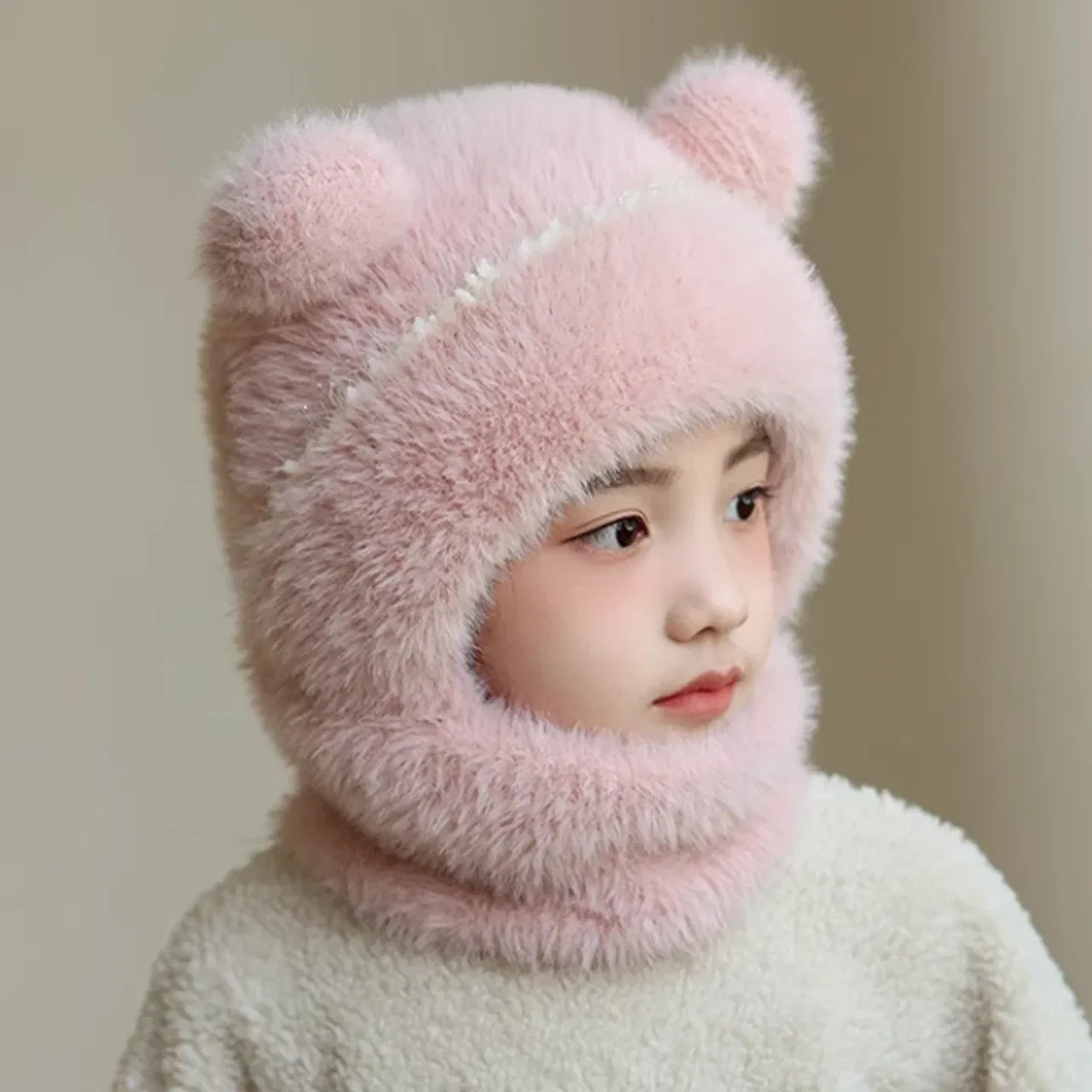 Color: WHITE, Size: XXL - Kids Plush Scarf Pullover Cap Winter Warm Ear Protection Hat 2-10Year Children One-Piece Beanie Baby Velvet Neckerchief Headgear