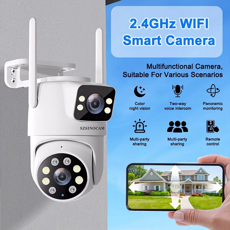 SZSINOCAM® IP66 Dual Lens Outdoor WiFi Security Camera – 2.4GHz Wireless IP Camera