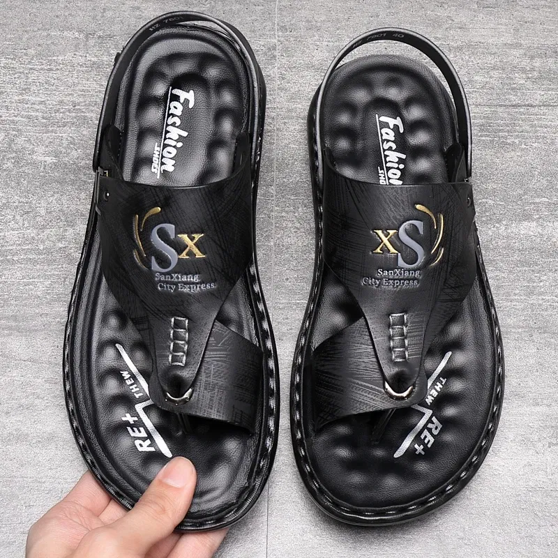 Color: Chocolate, Shoe Size: 47 - Summer Men Sandals Casual  Genuine Leather Leisure Sandals Designer Shoes Men